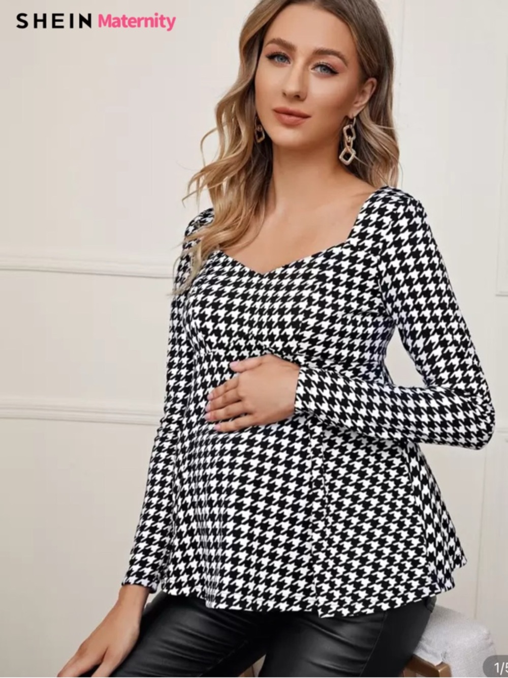 SHEIN Black & White Houndstooth Maternity Long Sleeve Top